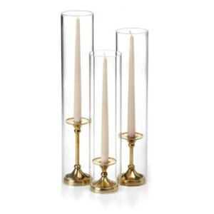 |Brass Candle Holder w/ Candles & Hurricane Glass